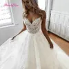 una linea di tulle bianco appliques da sposa Dr senza spalline Backl Wedding Dres pizzo increspato Beach Dr Vestido De Noiva d9FX #