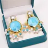 Dangle Earrings GG Jewelry Cultured White Pearl Blue Turquoise Coin GoldMettate