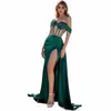 Funyue Off the Shoulder Emerald Green Prom Dres LG Sweetheart Pärled Bodice Mermaid Evening Party Gowns Vestidos de Gala U5wt#