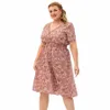 plus Size V Neck Short Sleeve Floral Print Casual Midi Dres For Women k9b6#