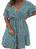 Dr Woman Plus Size 2022 Fi Summer V Neck krótki rękaw kwiatowy nadruk swobodny dr wysoki talia Krótki mini plaż