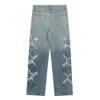 Streetwear büyük boy düz pantolon kot pantolon erkekler için gradyan yırtık delik çapraz patchwork pantolon yaz retro unisex denim pantolon w1x3#