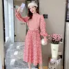 Robes décontractées Robe tricotée pour femme Automne Hiver Manches longues Velours côtelé Floral Femme Pull élégant Ceinture trapèze