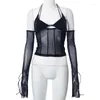 Kvinnors T-skjortor Sexig Mesh Halter toppar kvinnor Autumn Fashion Low Cut See-Through Long Sleeve T-shirts Bandage Backless Patchwork Body Black