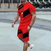 Männer Trainingsanzüge Männer Sportanzug Sommer Sport Set O-Ausschnitt T-Shirt mit Kordelzug Taille Shorts Farbblock gestreift 3D-Druck für