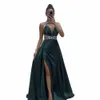 sexy Evening Dr Satin Prom Dr Halter Neck Sleevel High Slit Ball Gowns Sequin Appliques Elegant Robes Vestidos De Gala v97B#