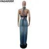 Work Dresses FAGADOER Gradient Denim 2 Piece Sets Women Outfit Sexy Halter Lace Up Y2k Crop Tops Maxi Hip Skirt Fashion Outfits Street