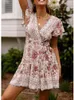 Kvinnor Summer Mini Casual Short Sleeve Floral Print V Neck Sexy Wrap Boho Beach Dress Robe S ~ 5XL 240314
