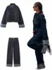 fi Patchwork Women Denim Suit Lapel Lg Sleeve Coat Straight Wide Leg Jeans Suits Female Autumn Streetwear Jacket Pant Set W9lv#