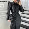Lautaro Autumn Długość miękka czarna sztuczna skórzana koszula Sukienka Pas Puff Sleeve Eleganckie luksusowe stylowe sukienki dla kobiet 240329