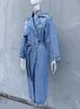 LG Denim Trench Coats for Women Belt på midjan Slim Jean Coats Ladies Jaqueta Feminina Blue Jean Jacket Woman T97M#