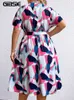 Gibsie Plus Size Geo Print V-Ausschnitt Kurzarm Belted Dr Damen 2023 Neue Sommer Hohe Taille Knielange Casual A-Line Dres f6Qa #