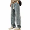 2024New Elastic Loose Jeans Mens Wide Legged Denim PantsカジュアルズボンKorean Style Sportswear Clothing Jeans Pants L85r＃