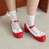 Dress Shoes Lolita Girls Block Heels Mary Janes Japanese Style Mixed Color Sweet Bow Pearls Princess Buckle Strap Pumps Size 45