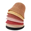 여름 모자 라운드 탑 버킷 모자 넓은 갈색 해변 모자 접이식 니트 중공 수제 선 샤이드 모자 240329