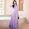 Robes décontractées femmes printemps été cheville longueur robe violette mode o-cou à manches longues mince élégant fluide taille empire