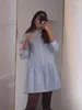 Vestidos casuais elegante azul lapela oca camisa vestido para mulheres moda botões soltos manga longa curta primavera senhora comutar vestidos