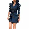 Otoño Invierno Lady Fi PU Leather corta DR Nuevo color sólido Munas informales LG Mid Winist Belt Elegant Party Dres Q65K#