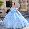 Sky Blue Błyszczące sukienki Quinceanera na 15 lat 2024 suknia balowa seksowna z aplikacji na ramię koronka