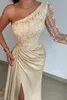 Champagne Satin Lace Evening Dres Women High Split Crystal Formal Wedding Part Prom Robes One épaule Pleat Vestido de Gala 14qz #
