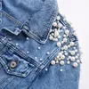 Kvinnor Pearl Beading Short Denim Jackets Turn-Down Collar Jean Jacket för kvinnor Lossa Casual LG Sleeve Vintage Jean Coat Female I5O5#