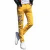 fi Streetwear Jeans da uomo Slim Fit Rosa Giallo Verde Colore elastico Pantaloni punk Jeans Hip Hop Ricamo Pantaloni in denim da uomo 659D #