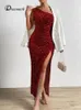 DRMECB One Shoulder Maxi LG Dres Women Sparkling Sequin Backl Sexig kvällsfest Vestidos Slim Ruched Summer Dr E5kp#