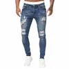 Herr Slim Fit Jeans Fi Classic High midjehål Rippade blyertsbyxa män Skinny Streetwear Blue Jeans denim LG Pant Q6e1#