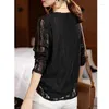 Blusas femininas primavera moda coreana sexy oco renda elegante casual decote em v manga longa preto topos chique solto blusas para mujer