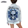 women Denim Jacket 2022 Fi Casual Skull Printed Big Picture Light Blue Jean Coat High Street Single Breasted Lapel Overwear 467O#