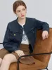 Veste courte en denim rétro pour femmes 2024 Printemps Automne Col rond Femme Jeans Bleu Foncé Manteaux Poche Butt Decorati Vestes g5vD #