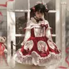 Casual klänningar japansk elegant vintage stil lolita långärmad klänning kvinnor söta båge ruffles tryck cosplay söt tjej y2k kawaii