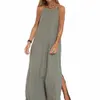 Lady Maxi Dr A-Line Solid Color Sholdenll Ankle Length Vest Type Sleavel Rooles Soft Casuare Round Neck Sidt Split Lady S 58bp＃