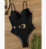 Women's Swimwear Sexy Push Up Underwire Swimwear Women Solid White Black Padded Buckle One Piece Swimsuit Beach Bathing Suit Bodysuit Monokini T240328