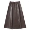 Skirts Women A-line Long Leather Skirt 2024 Spring Femme Sheep Skin Big Hem Pocket Maxi Jupe Mujer Organge Umbrella Faldas Largas