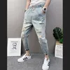 Vår- och sommaren 2021 Ny Fi Elastic midja Casual Hip Hop Spirit Guy Ripped Jeans Korean Slim Montering Ankle Length Pants N8MJ#
