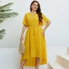 new Arrivals Short Sleeves Clothing For Ladies O-neck Irregular Bottom Yellow Lg Dr Two-layer Plus Size Dres R3kR#