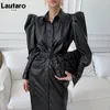 Lautaro Autumn Długość miękka czarna sztuczna skórzana koszula Sukienka Pas Puff Sleeve Eleganckie luksusowe stylowe sukienki dla kobiet 240329