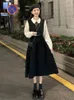 Woherb mode faux deux pièces femmes robes coréennes à manches longues Patchwork Chic Robe dames décontracté Vintage Robe 240329