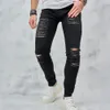 nuovi uomini alla moda jeans skinny strappati High street stile hip hop maschile fori slim matita solida pantaloni in denim pantaloni F7vq #