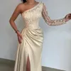 Champagne Satin Lace Evening Dres Women High Split Crystal Formal Wedding Part Prom Robes One épaule Pleat Vestido de Gala 14qz #