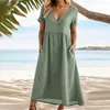 Robes de soirée femmes robe Maxi élégante col en V avec poches pour ligne a ourlet ample été plage manches courtes serré