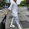 Fashion Loose V Neck Sweater Två stycken Set Men Spring Summer Casual Solid SHORT SLEEVE KNIT TOPS OCH PANTS SUITS MENS STREETEWEAR 240325