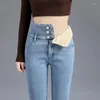 Kvinnors jeans förtjockar penna mager plysch fodrade denim byxor sträcker vinter jeansy varm vaqueros hög midje knapp spodnie