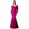 Jeheth sirène Lg manches soirée Dr luxe 3D Frs col en V formel Ocn événement Dres Fuchsia abito da festa di nozze D3RT #