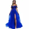 Angelsbridep Royal Blue A-Line Tulle Prom Dres Sexy Leg Slit Appliques Vestidos de Fiesta Elegantes Para Mujer Party Dres R5GV #