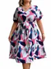 Gibsie Plus Size Geo Print V-Ausschnitt Kurzarm Belted Dr Damen 2023 Neue Sommer Hohe Taille Knielange Casual A-Line Dres f6Qa #