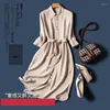 Casual Dresses Limiguyue French Side Split Summer Silk Satin Women Crepe Single Breasted Soft Dress Elegant Midi Vestidos Z051