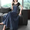 Casual Dresses Denim Strap Dress Women 2024 Spring Summer Retro Brodery Long Jeans Fashion Justerbara hängslen Vestidos