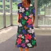 Partykleider Damen Sommerkleid Blumendruck O-Ausschnitt Kurzarm Midi A-Linie Taschen Lockerer Saum Mittelkalblänge Lässig für den Alltag